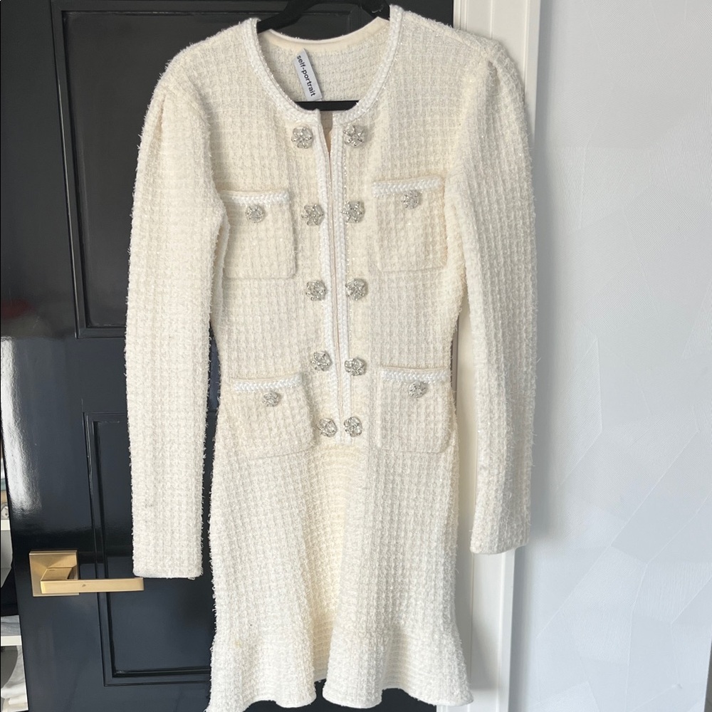 Self-Portrait Cream Tweed Dress with Silver Accents